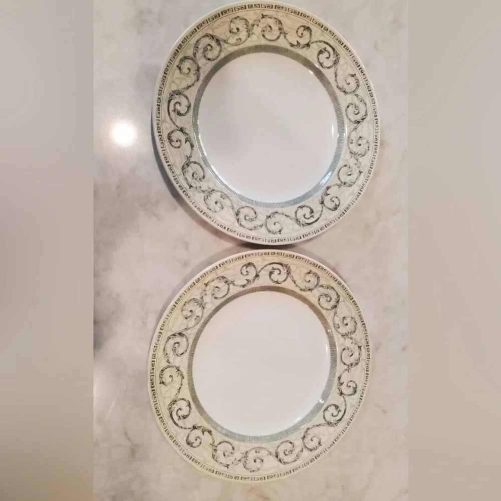2  Acanthus by Johnson Bros. large dinner plates 11” & 2 saucers